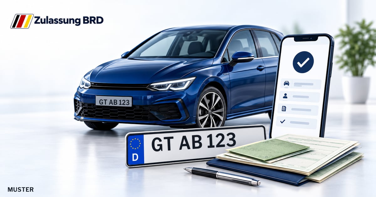 Online Fahrzeugzulassung in Gütersloh: Musterkennzeichen GT AB 123, Auto und Fahrzeugpapiere und Smartphone. Illustration mit Logo von Zulassung BRD.
